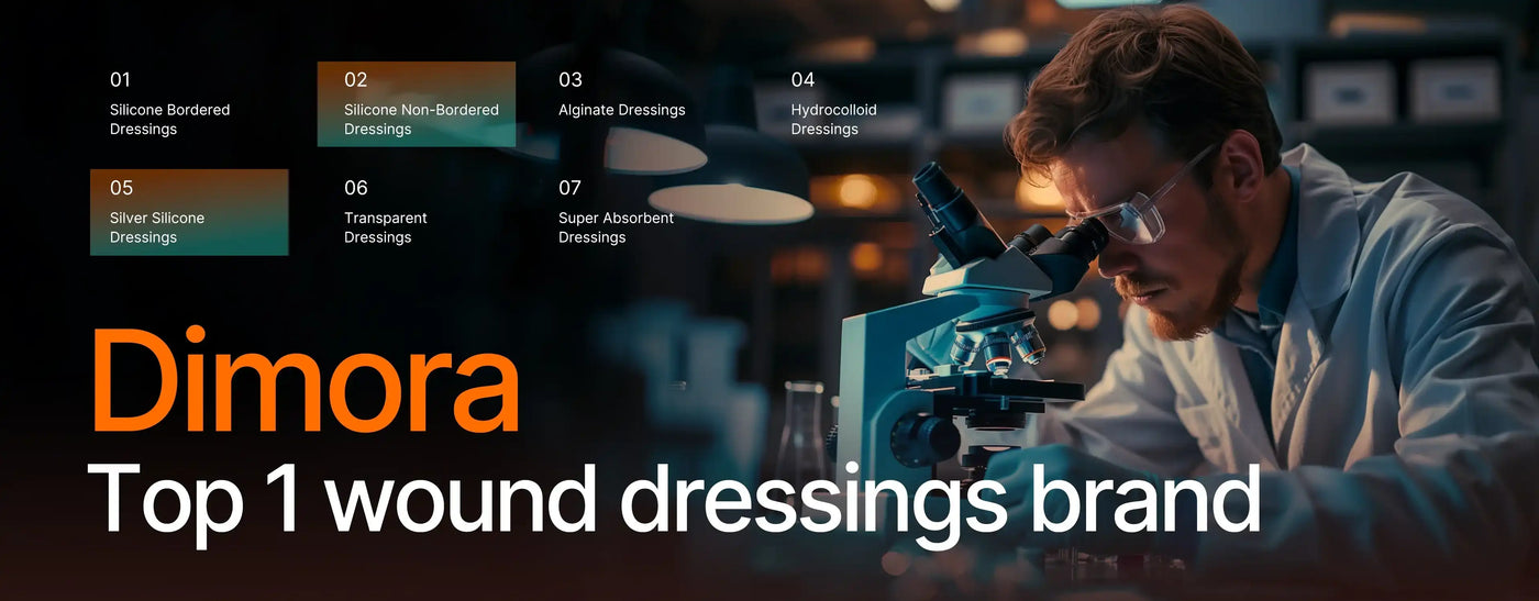 Scientist in lab coat using microscope, list of wound dressing types, wound care products