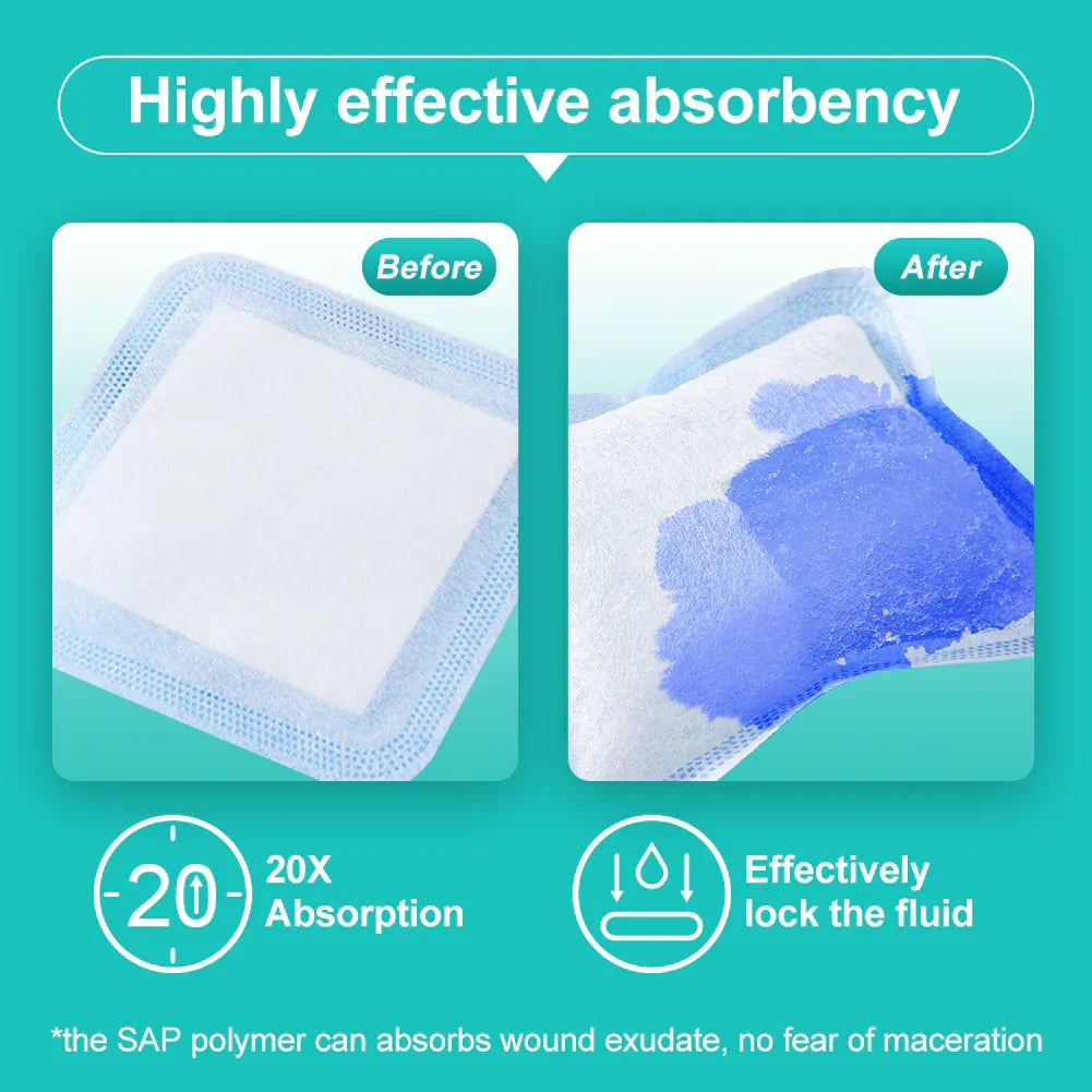 Medical wound dressing pad with high absorbency, before and after fluid absorption comparison.