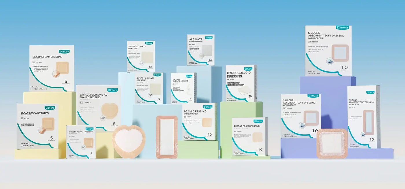 Medical wound dressings and bandages for chronic care displayed on colored pedestals