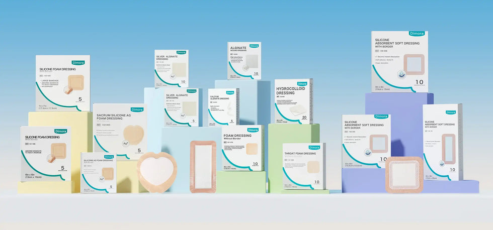 Medical wound dressings and bandages for chronic care displayed on colored pedestals