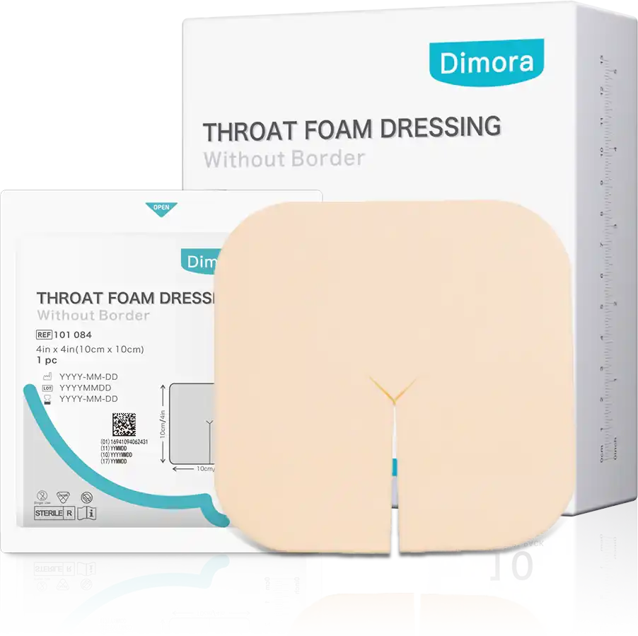 Throat foam dressing without border, medical wound care pad and packaging.