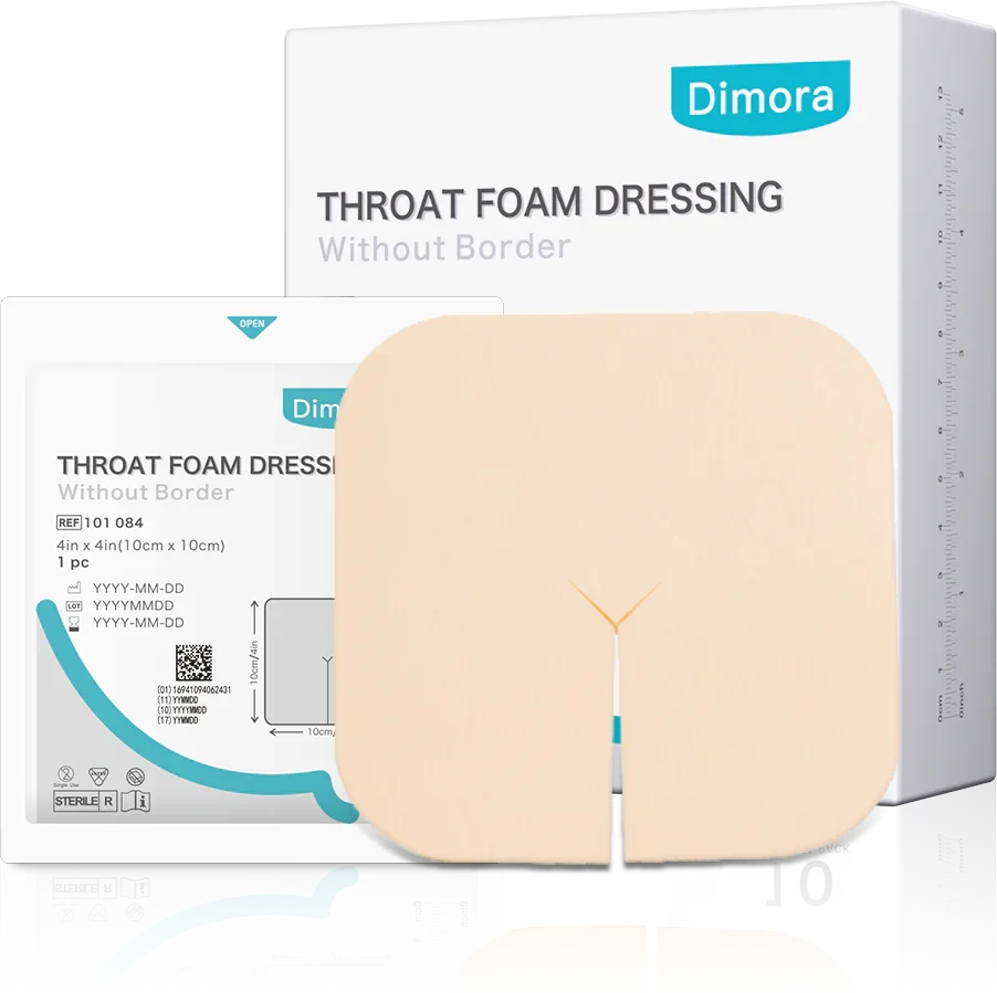 Throat foam dressing without border, medical wound care pad and packaging.