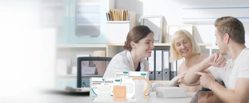 Medical professional applying wound dressing for senior care, featuring advanced bandages