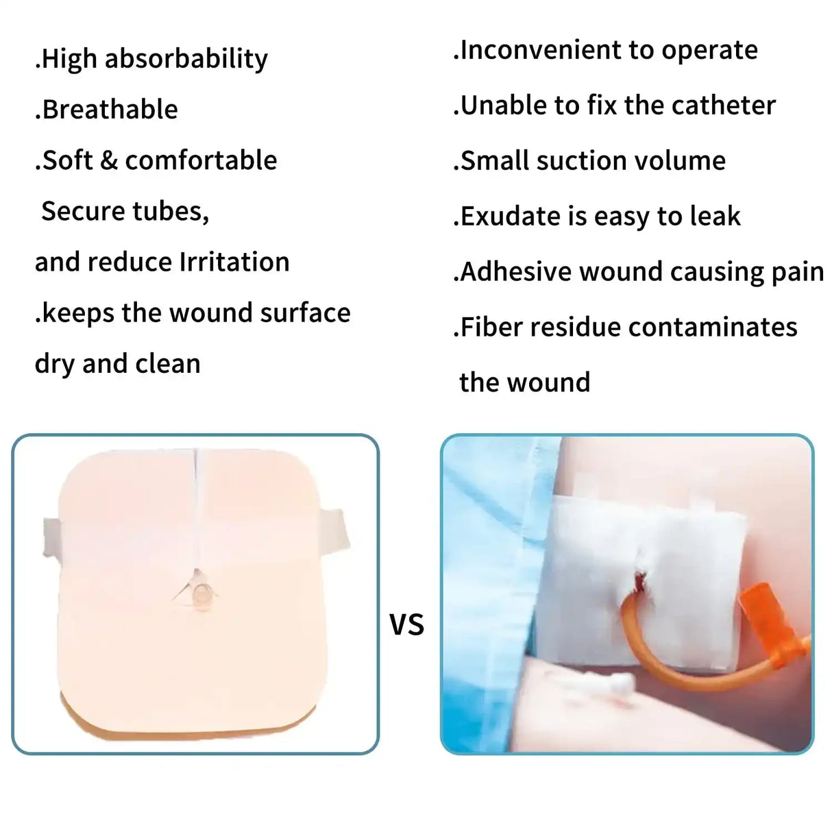 Comparison of wound dressings for drainage tubes, showing absorbent, secure, comfortable pad versus traditional dressing options.