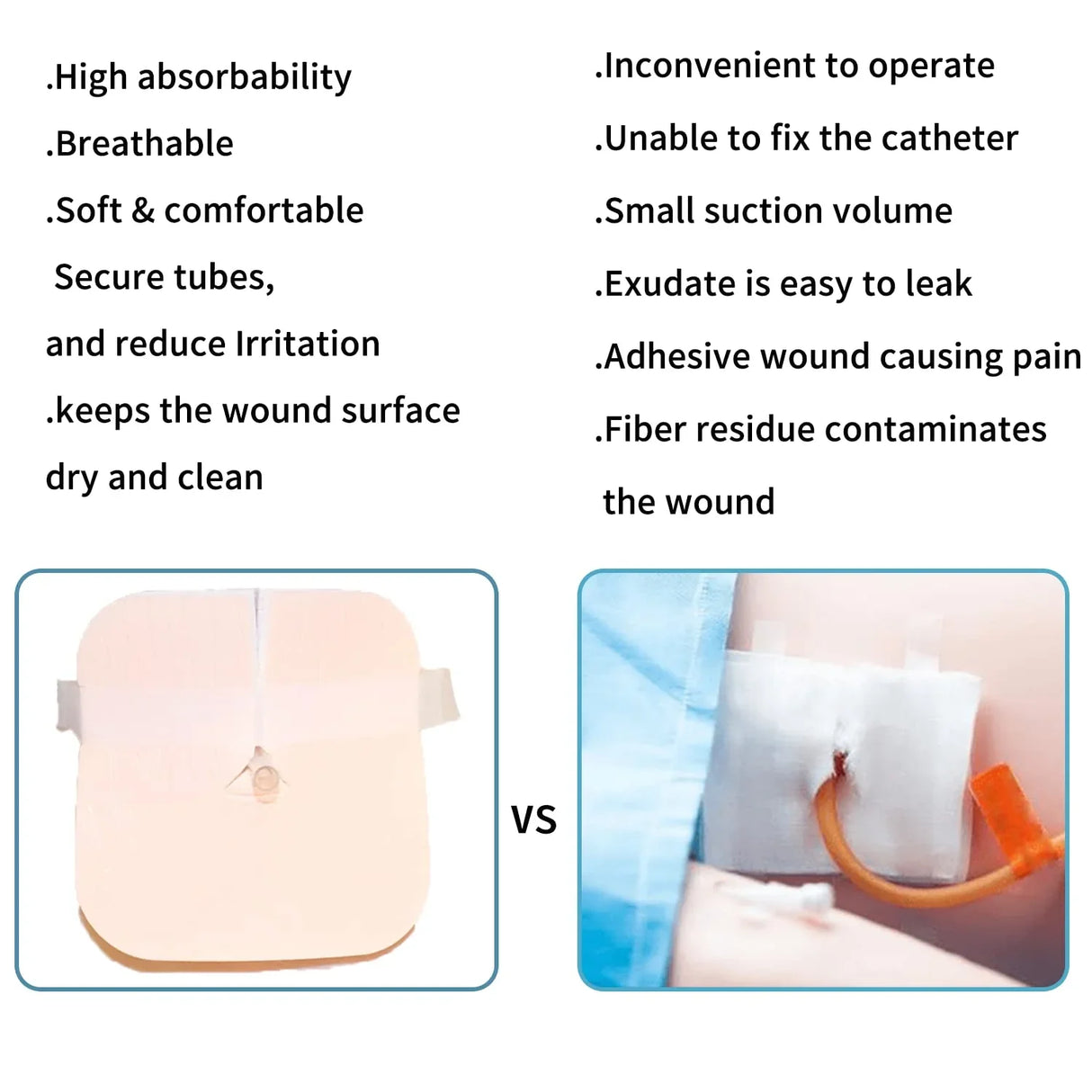 Comparison of wound dressings for drainage tubes, showing absorbent, secure, comfortable pad versus traditional dressing options.
