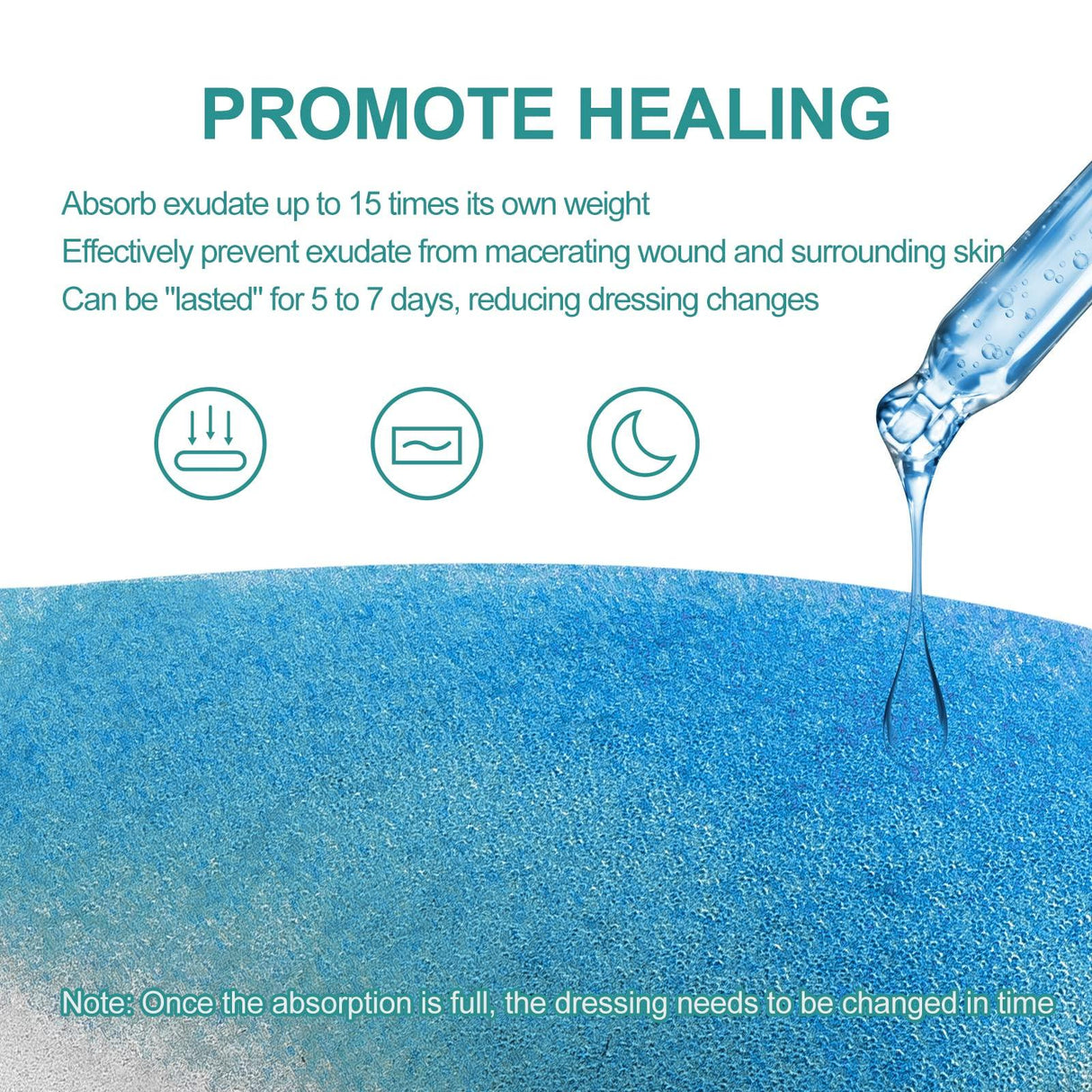 Hydrogel wound dressing pad absorbing liquid, promotes healing and prolonged wear for chronic care.