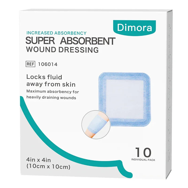 Super absorbent wound dressing box, 4x4 inch, for heavily draining wounds, 10 pack.