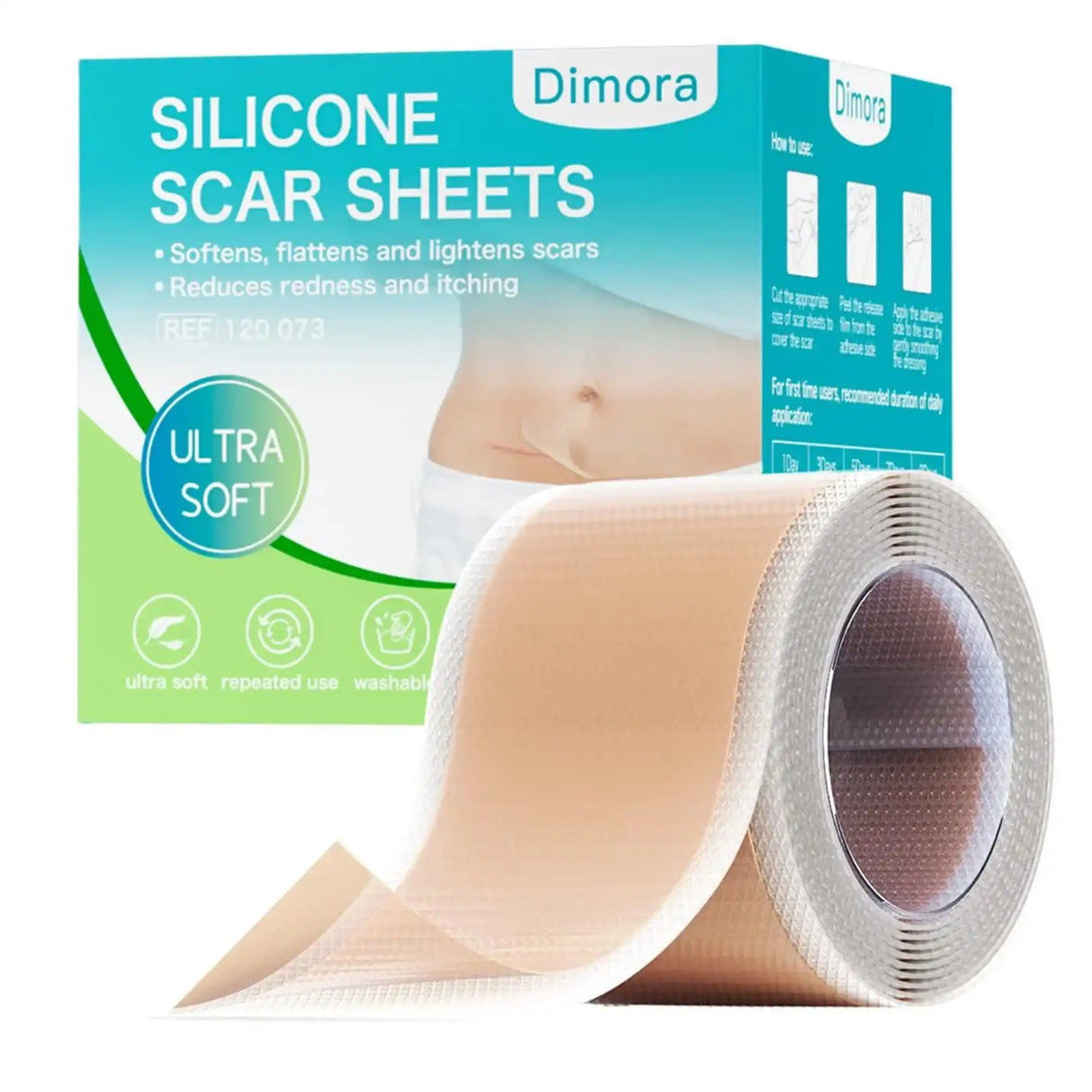 Silicone scar sheets roll for scar care, packaging shows ultra soft and washable features.