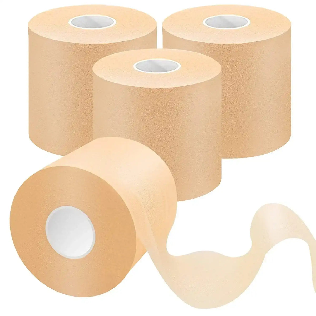 Set of four beige medical foam tapes, unrolled, for wound care and support