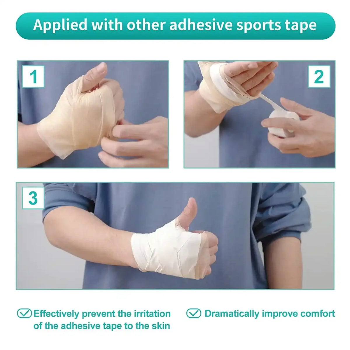 Step-by-step guide applying beige foam medical tape to hand for skin protection and comfort