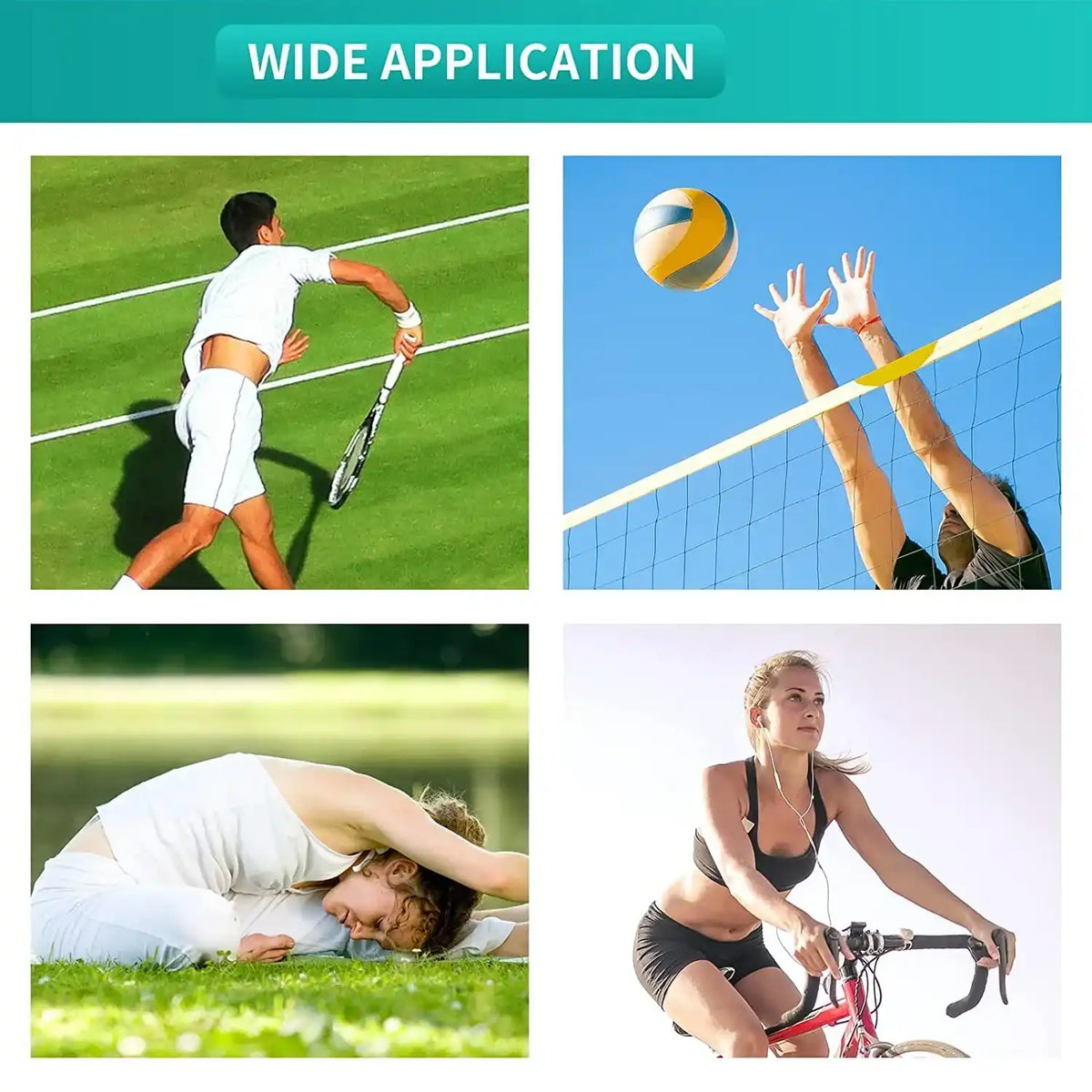 Active adults playing tennis, volleyball, stretching, and cycling to show foam tape's wide application