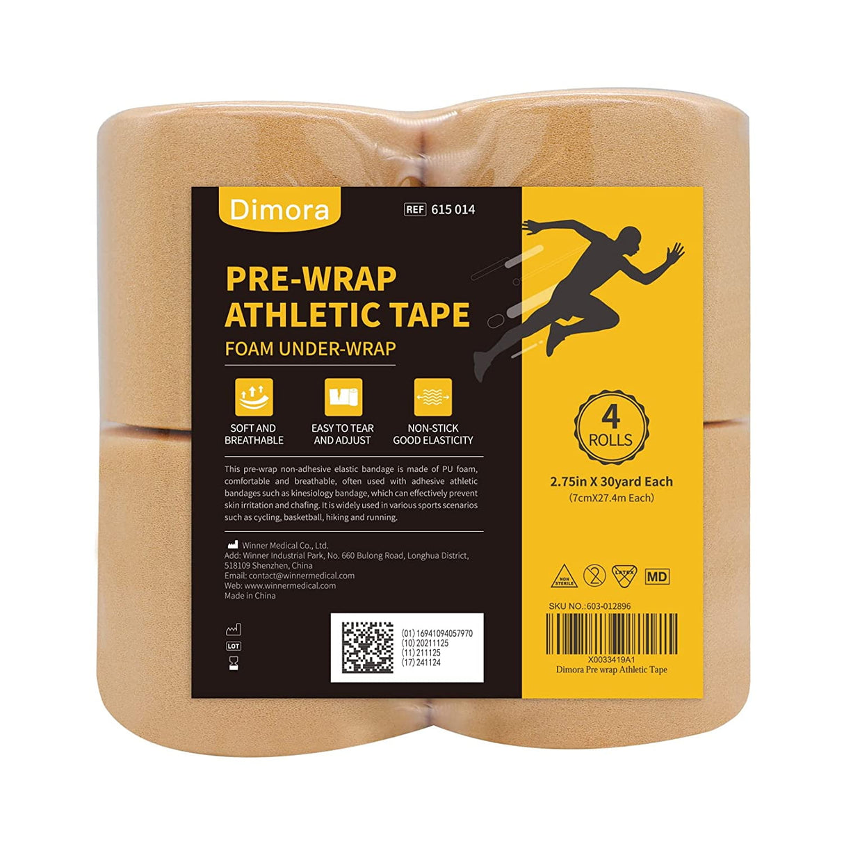 Dimora Pre Wrap Tape (4-Rolls) -Athletic Foam Underwrap for Sports 2.75 inches x 30 Yards - Beige