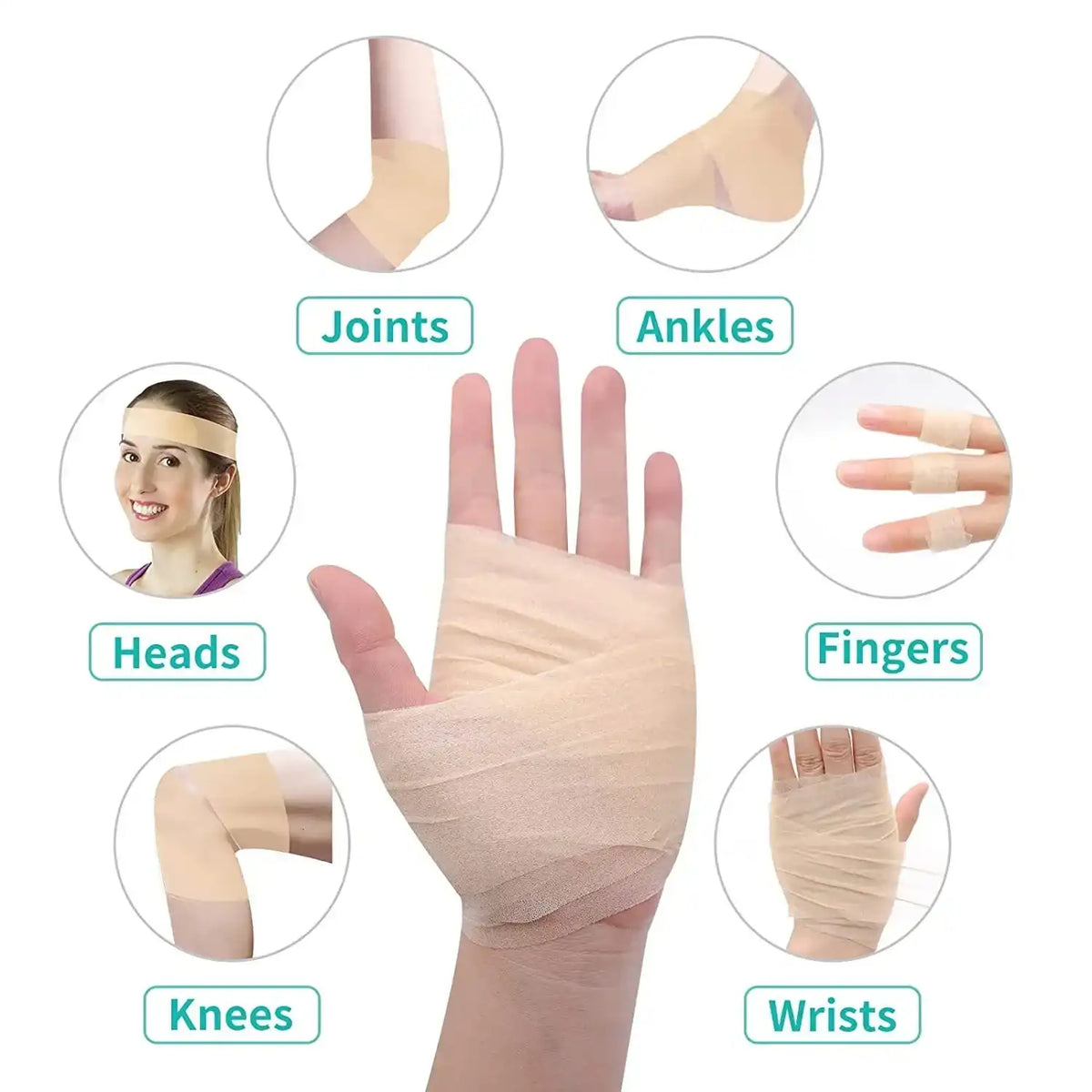 Beige foam tape wraps for joints, ankles, wrists, fingers, knees, and head, shown in use.