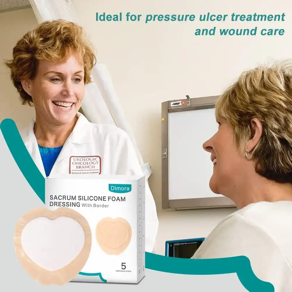 Doctor and patient discussing Dimora sacrum silicone foam dressing for pressure ulcer treatment.