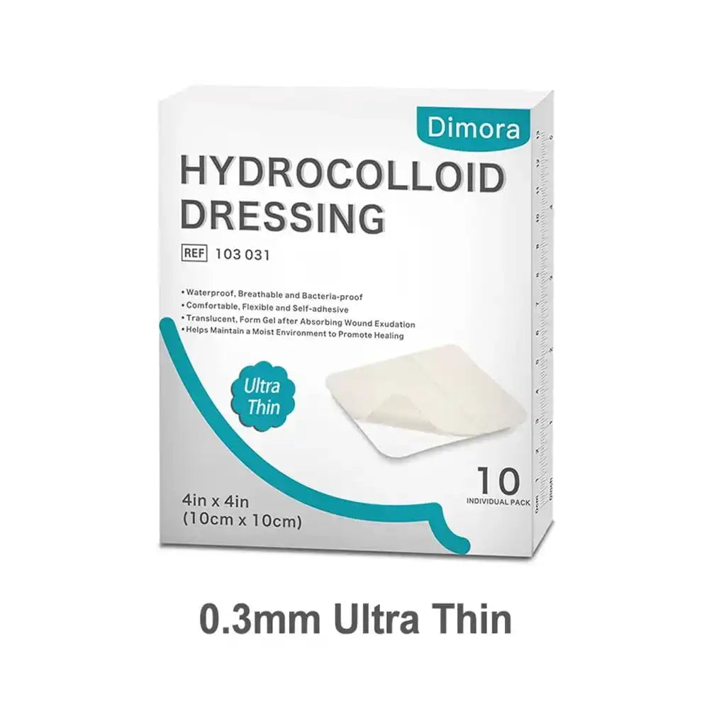 Ultra thin hydrocolloid dressing 4x4 inch, waterproof wound care, 10 pack, 0.3mm thickness.