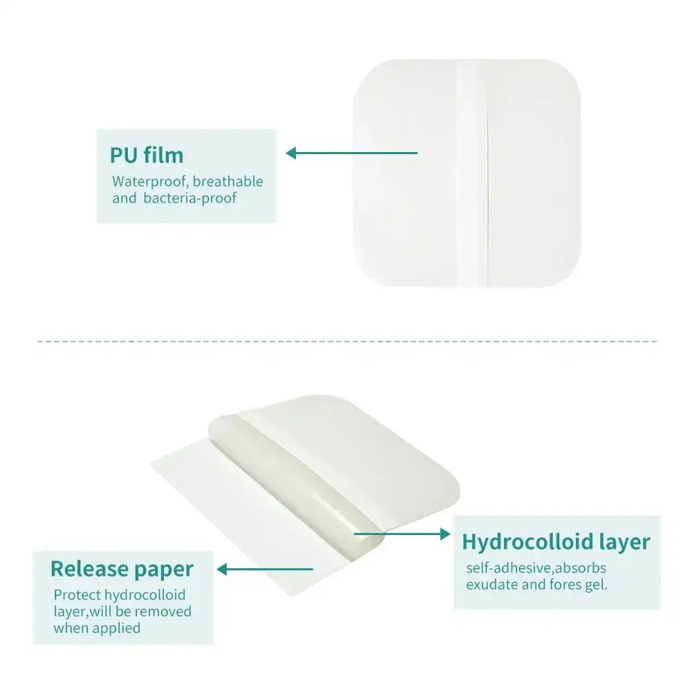 Hydrocolloid wound dressing with labeled PU film, hydrocolloid layer, and release paper