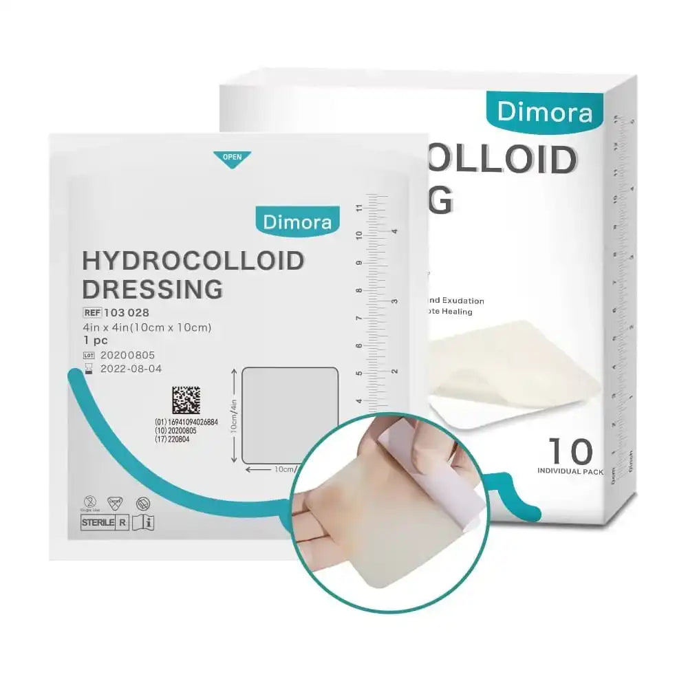 Hydrocolloid dressing 4x4 inch sterile wound care bandage, 10 individual packs shown