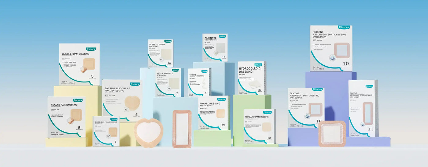 Assorted advanced wound care dressings and bandages for chronic disease, displayed in packaging.