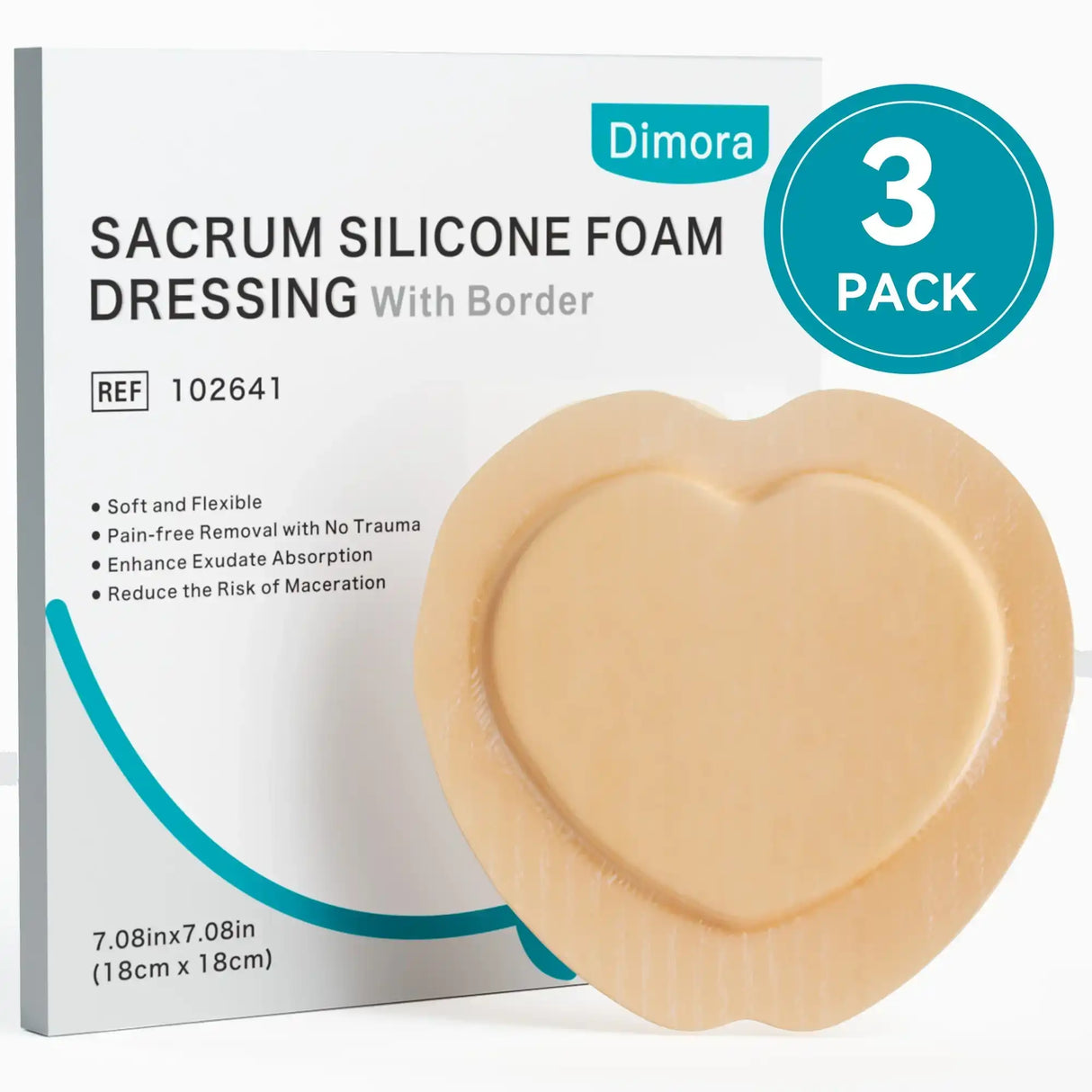Sacrum silicone foam dressing with border, heart shape, 3-pack, 7.08in x 7.08in