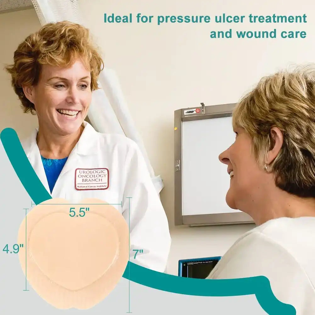 Doctor consulting patient with pressure ulcer treatment dressing, wound care focus
