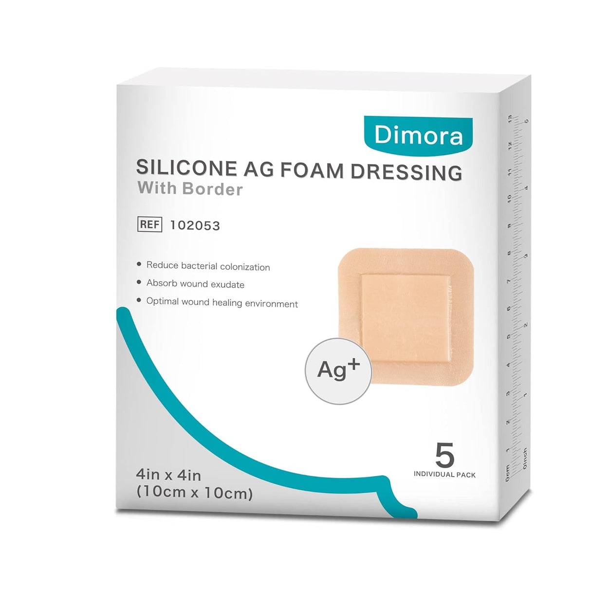Dimora Silicone Foam Dressing Silver Ag Sterile Wound Bandage with Gentle Silicone Adhesive Border 4"x 4" 5 Packs