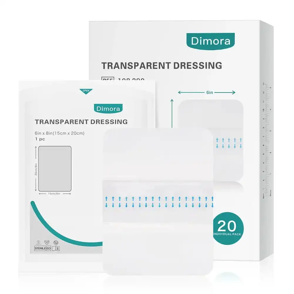 Transparent wound dressing 6x8 inch sterile pack for wound care, 20 individual dressings shown.