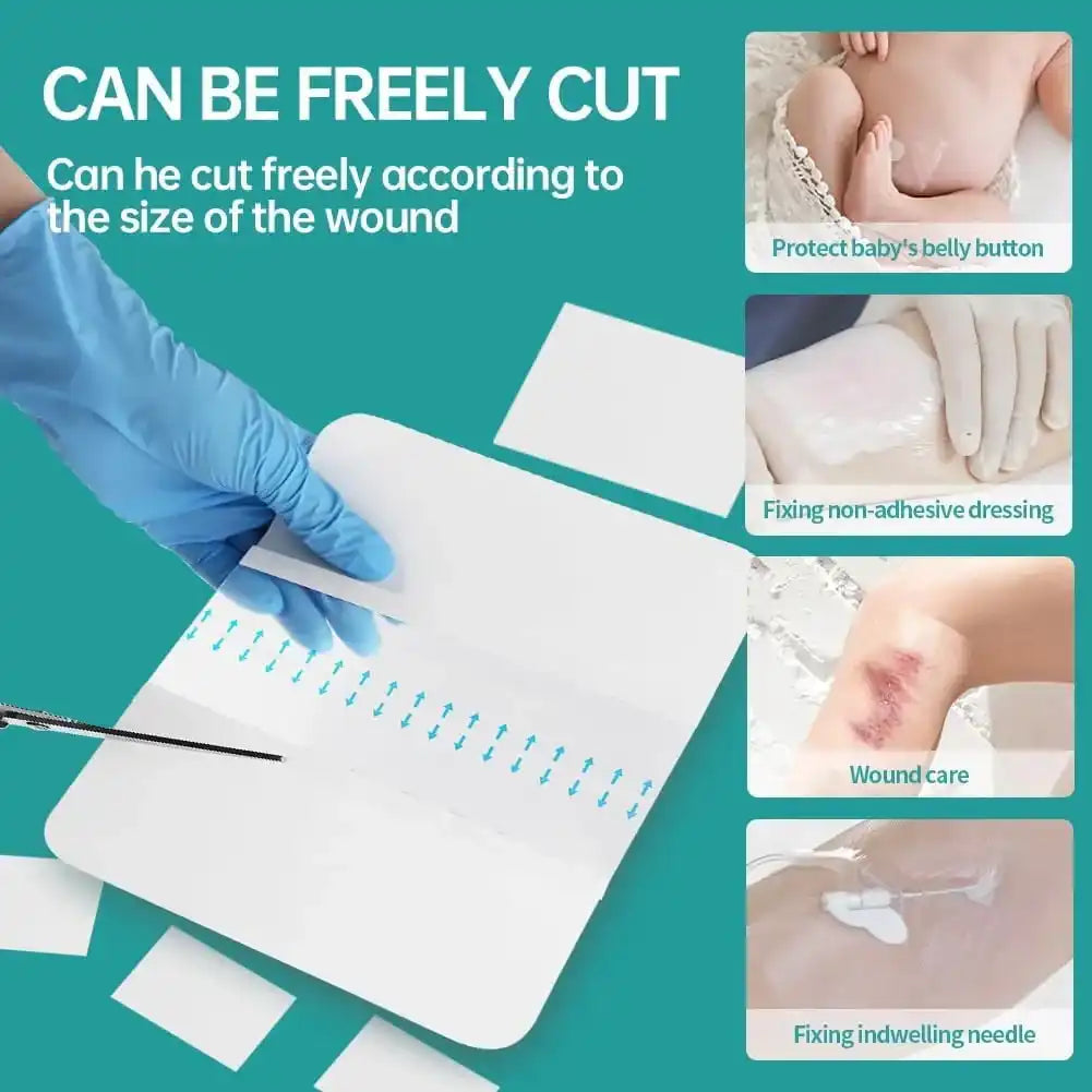 Medical adhesive dressing sheet being cut to size, suitable for wound care, baby navel protection, securing dressings, and fixing medical needles