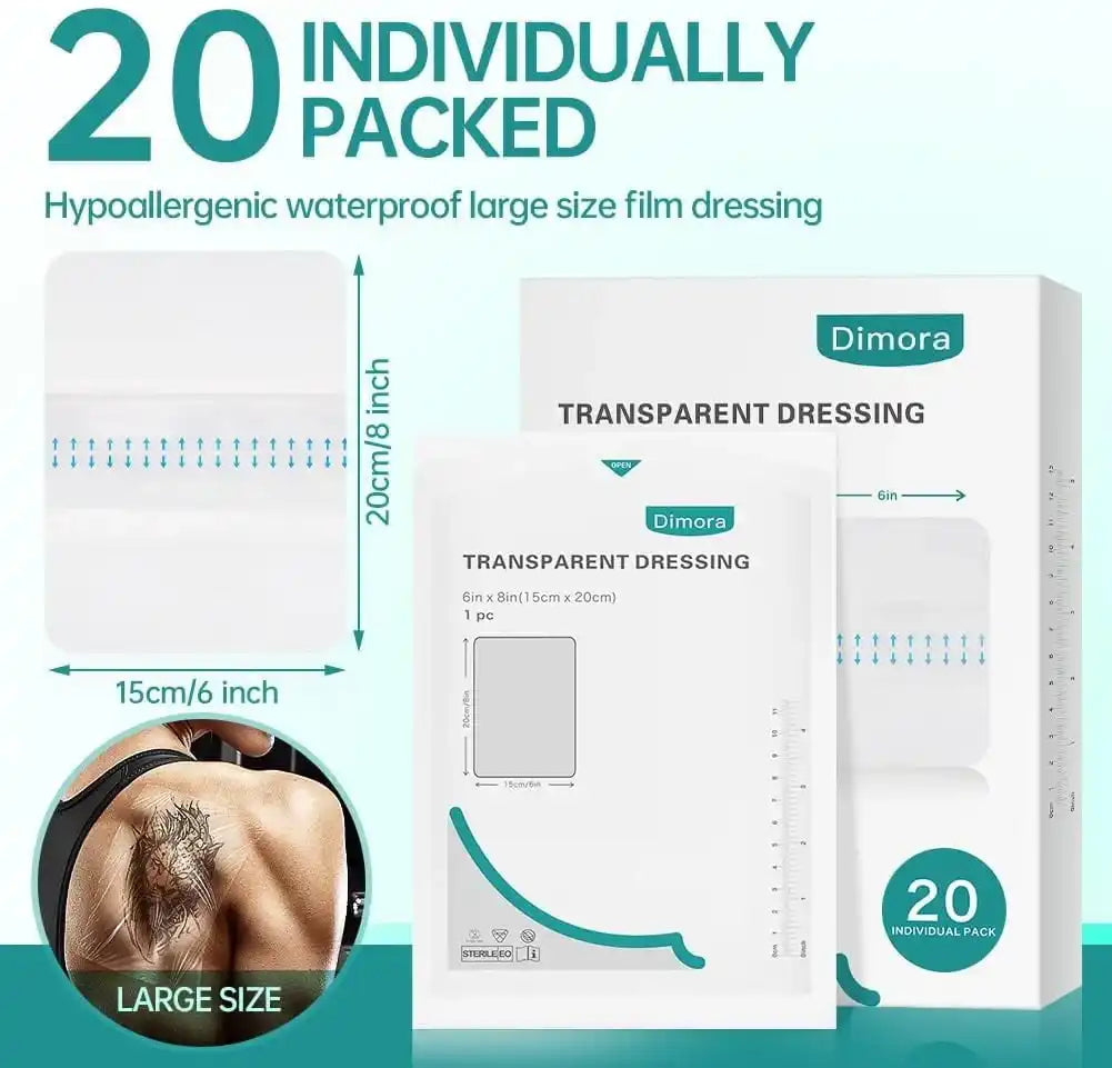 Hypoallergenic waterproof transparent film dressing, large 6x8 inch, 20 individually packed