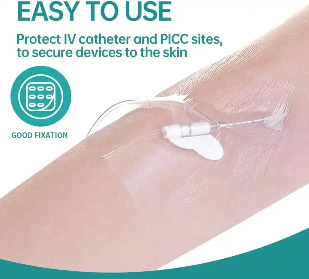 IV catheter securement dressing protecting PICC line on arm, easy-to-use medical device