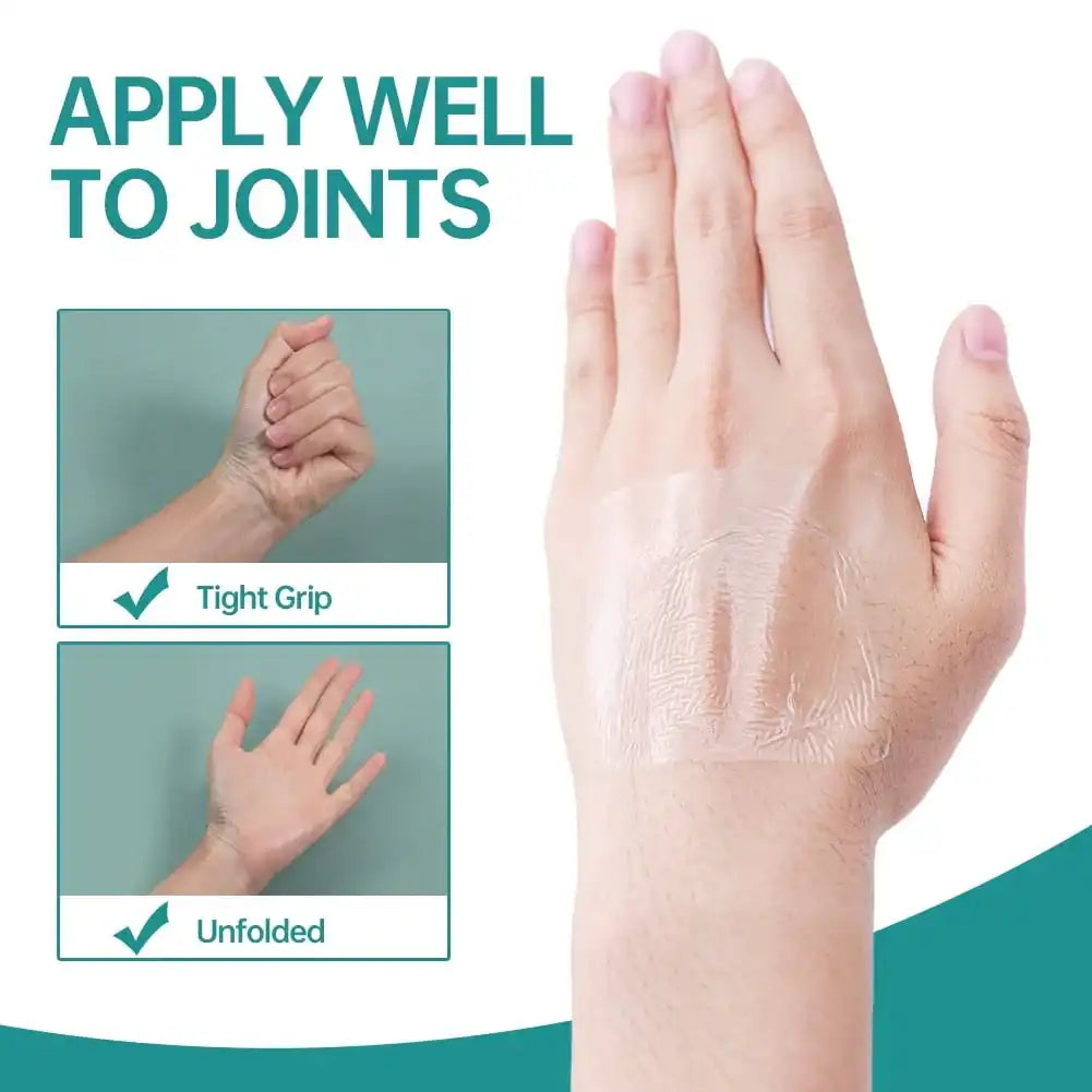 Transparent medical adhesive dressing applied on hand and wrist, showing tight grip and flexibility.