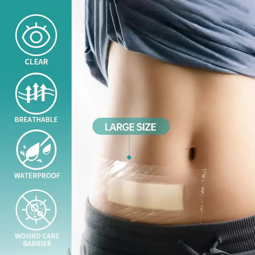 Large transparent waterproof wound dressing on abdomen, highlighting breathable and clear barrier features.