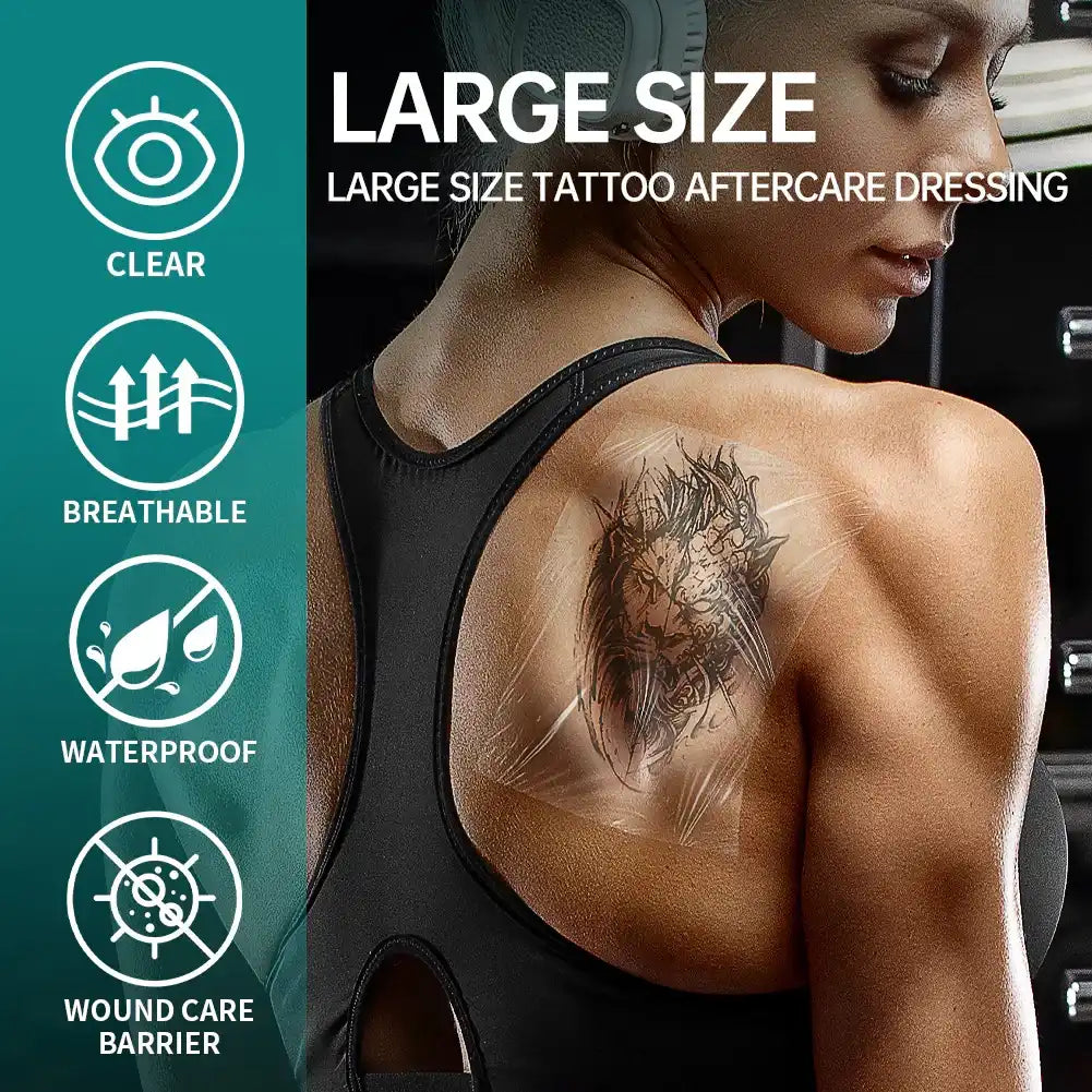 Large size transparent tattoo aftercare dressing on shoulder, breathable and waterproof wound barrier