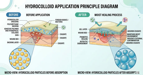 Hydrocolloid dressing before and after diagram, moist wound healing principle  