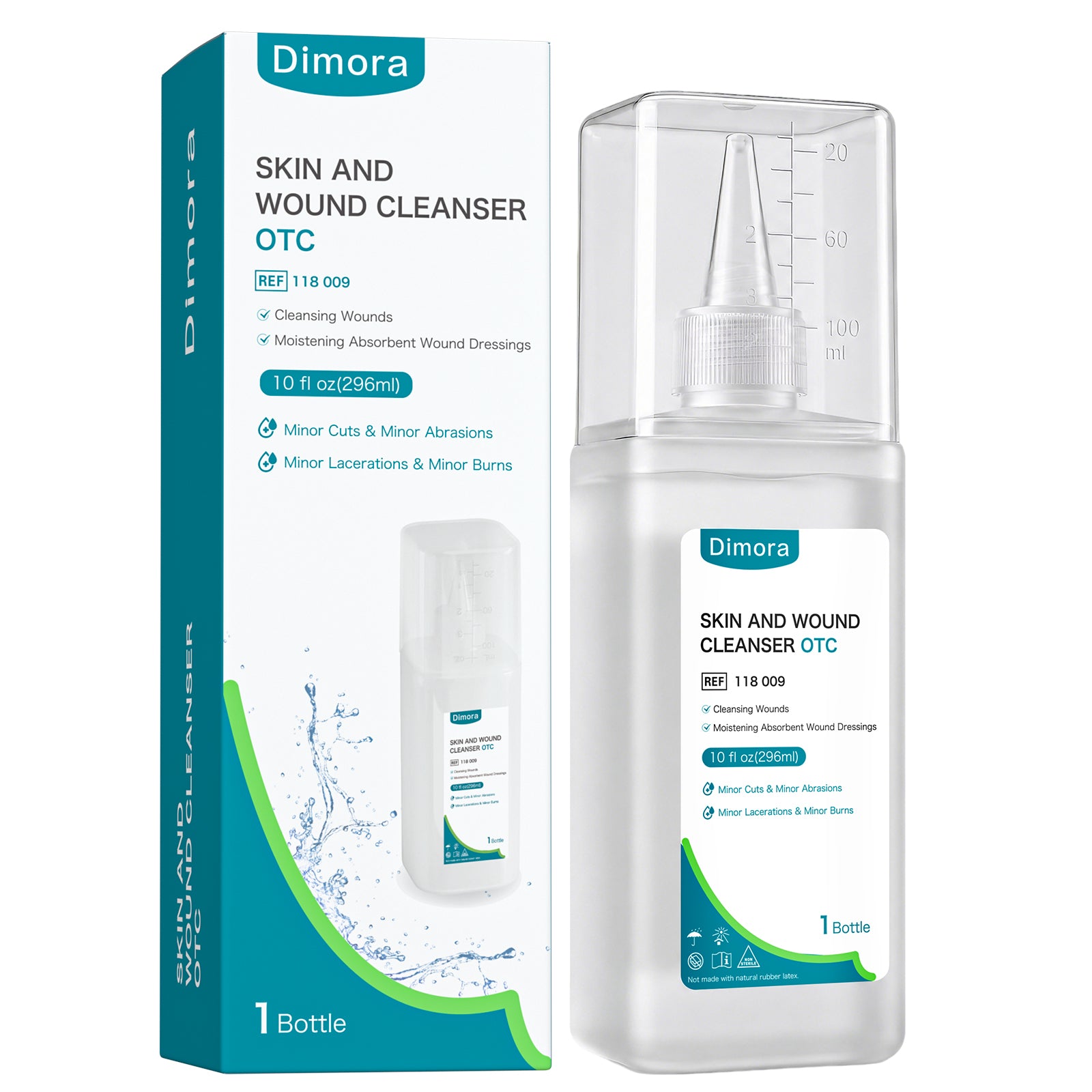 Dimora OTC Skin and Wound Cleanser Kit 10 oz, First Aid Antiseptic Wound Care Rinsing Solution, Moistening Absorbent PHMB Dressings for Cuts, Abrasions, Lacerations and Burns
