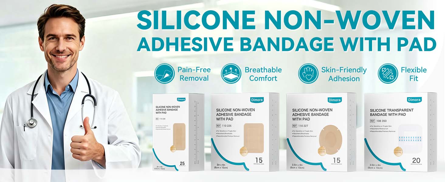 Dimora Silicone Non-Woven Adhesive Bandage with Absorbent Pad, 3" x 4" Large Sterile Dressing, Hypoallergenic Latex-Free Breathable Bandages for Sensitive Skin & Adhesive Allergy, 15 Pack 