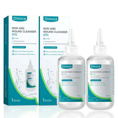 Dimora skin and wound cleanser bottles and packaging for cuts, abrasions, lacerations, burns