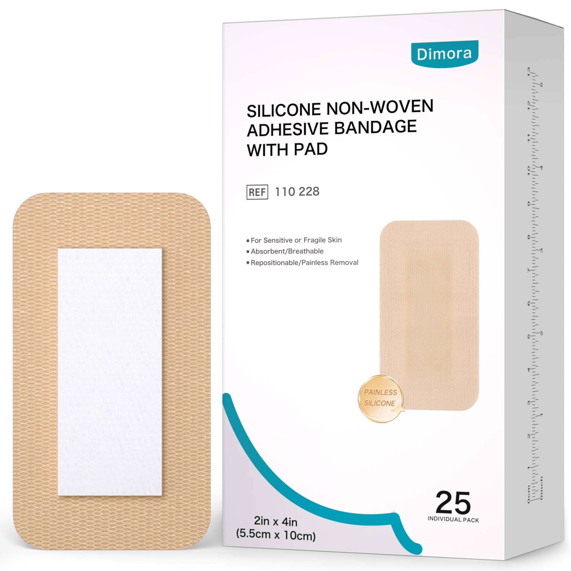 Dimora Silicone Non-Woven Adhesive Bandage with Absorbent Pad, 3" x 4" Large Sterile Dressing, Hypoallergenic Latex-Free Breathable Bandages for Sensitive Skin & Adhesive Allergy, 15 Pack 