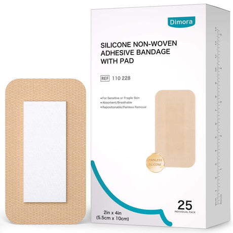 Dimora Silicone Non-Woven Adhesive Bandage with Absorbent Pad, 3" x 4" Large Sterile Dressing, Hypoallergenic Latex-Free Breathable Bandages for Sensitive Skin & Adhesive Allergy, 15 Pack 