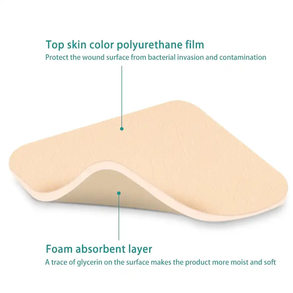 Medical foam dressing with skin-tone polyurethane film and absorbent layer for wound care