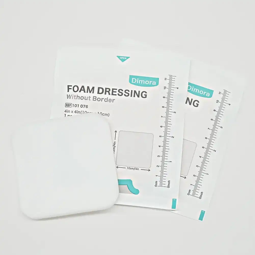 Square foam dressing without border in sterile medical packaging, wound care product
