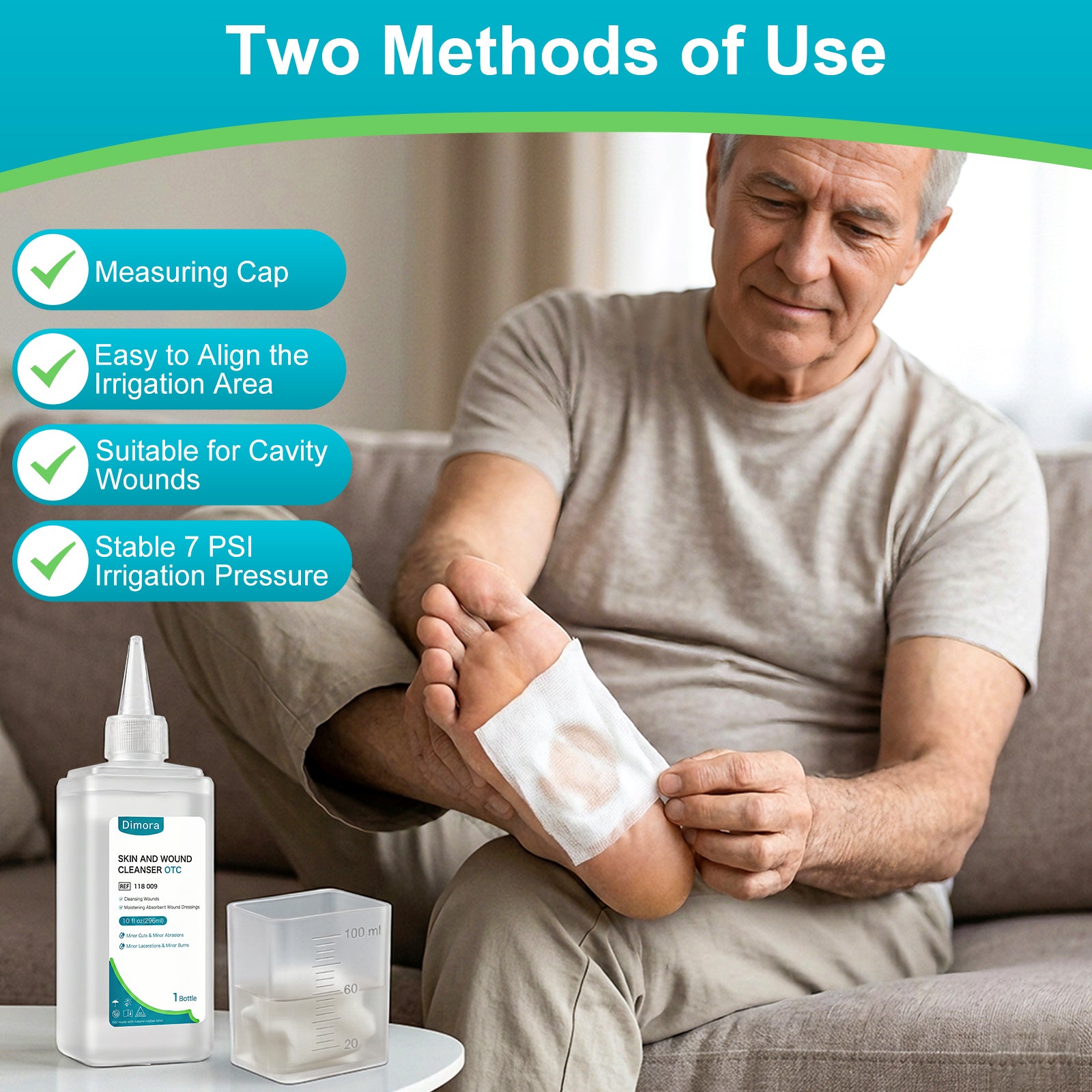 Dimora OTC Skin and Wound Cleanser Kit 10 oz, First Aid Antiseptic Wound Care Rinsing Solution, Moistening Absorbent PHMB Dressings for Cuts, Abrasions, Lacerations and Burns