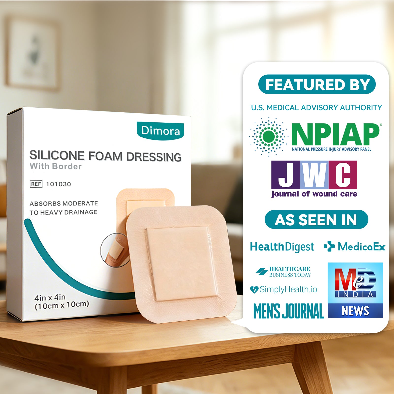 Dimora Silicone Foam Dressing with Border - Adhesive, Highly Absorbent for Wound Care