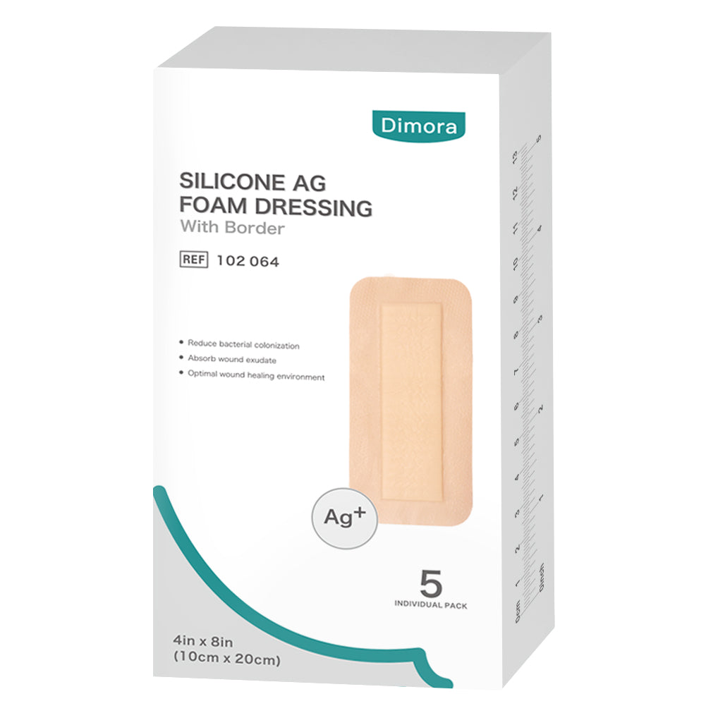 Dimora Silicone Foam Dressing Silver Ag 4"x 8" Adhesive Absorbent Bandage Pads 5 Packs