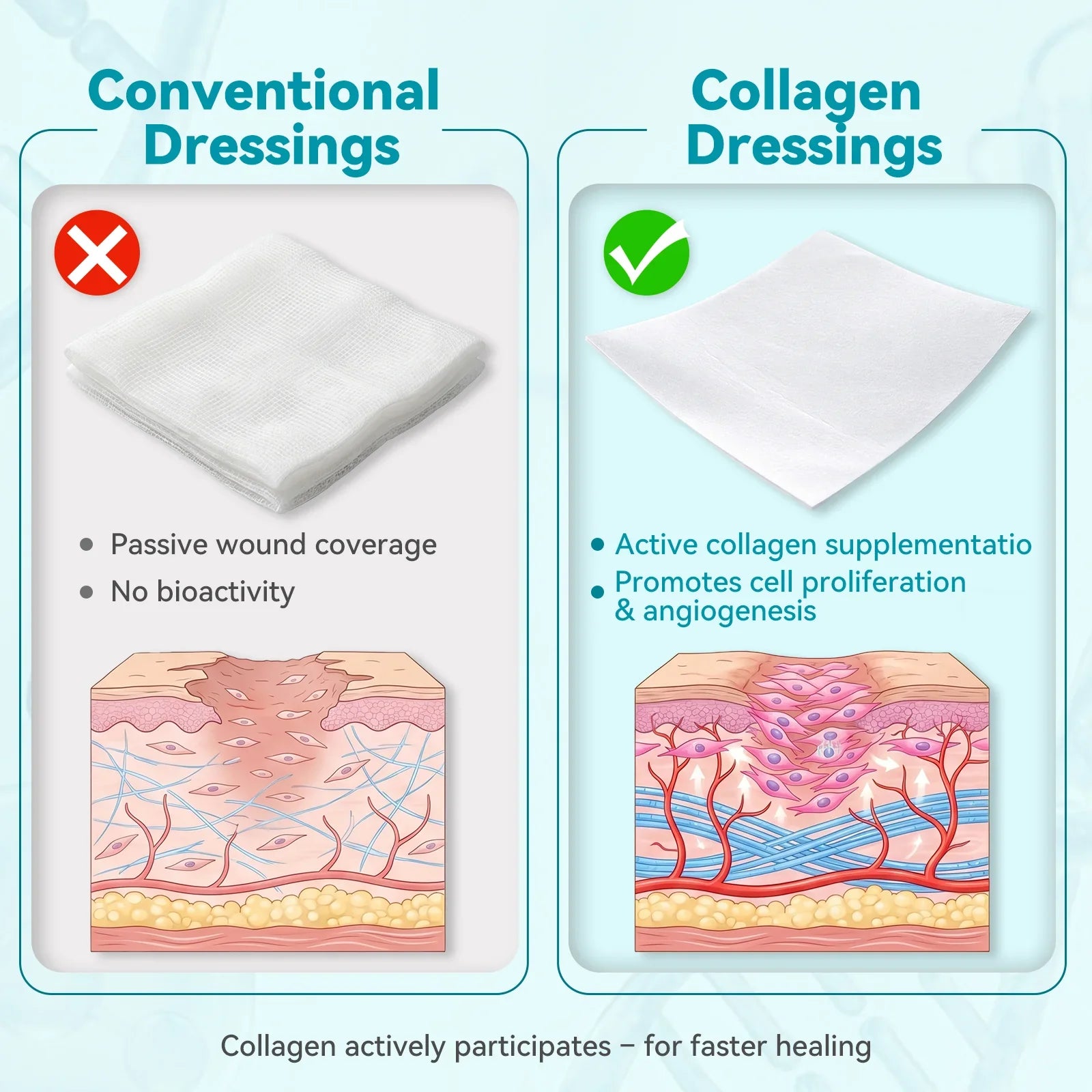 Comparison of conventional and collagen dressings for wound healing, highlighting benefits of collagen dressings such as active collagen supplementation and enhanced cell regeneration.