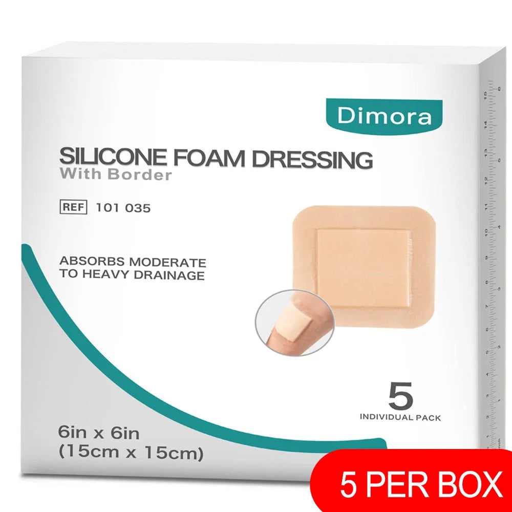 Dimora Silicone Foam Dressing with Border Adhesive Waterproof Wound Dressing Bandage 6"x6" 5 Pack