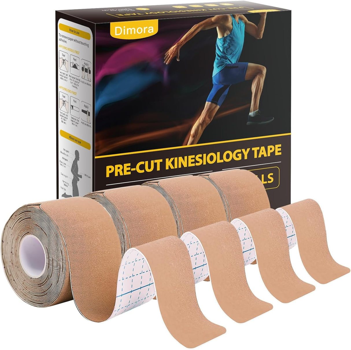 Dimora Kinesiology Tape 4 Rolls - Elastic Cotton Athletic Tape, 65.6 ft 80 Precut Strips in Total, Medical Grade Adhesive Sports Tape for Muscle Pain Relief and Joint Support