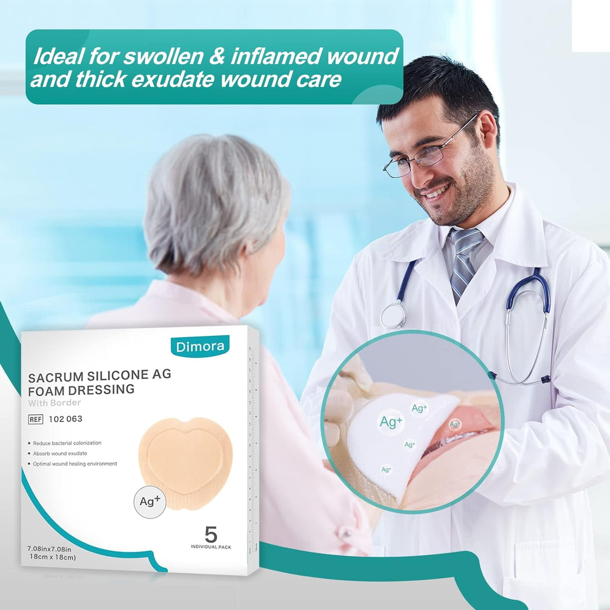Dimora Ag Silver Sacrum Foam Wound Dressing Bandages Silicone Adhesive Border 7"x7" 5 Packs