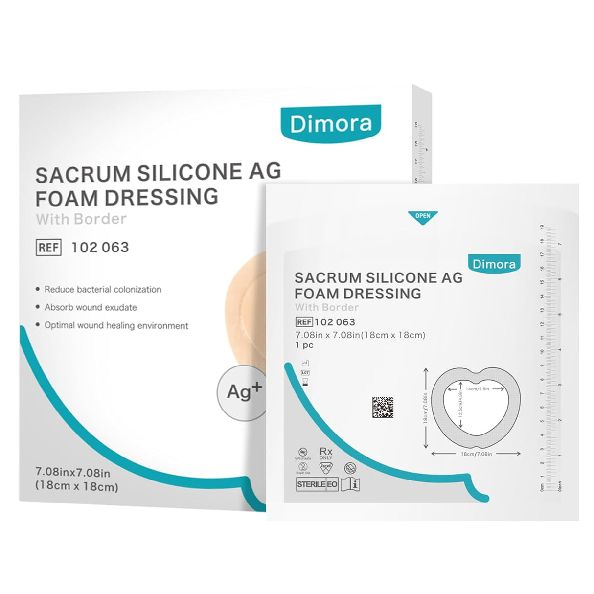 Dimora Ag Silver Sacrum Foam Wound Dressing Bandages Silicone Adhesive Border 7"x7" 5 Packs