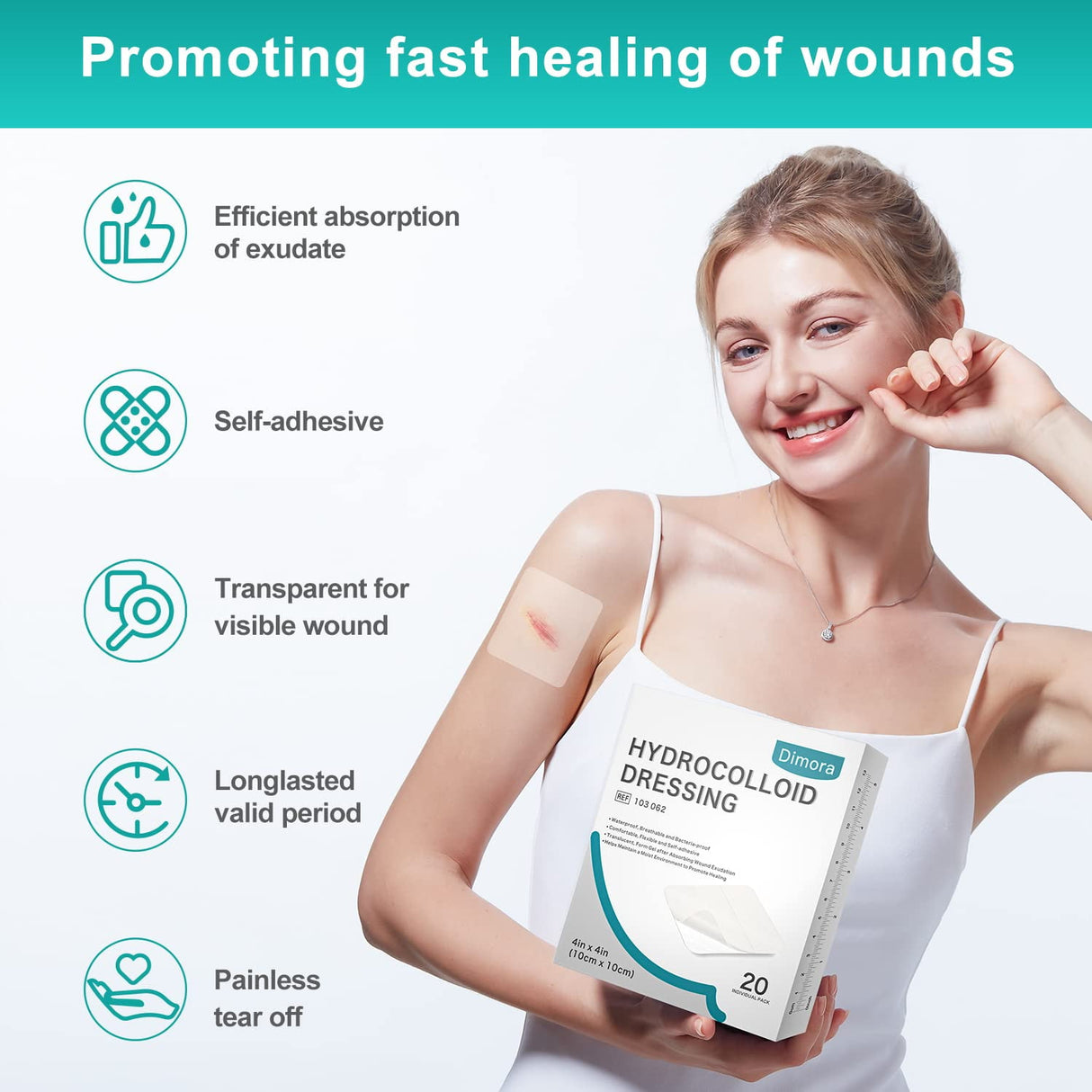 Dimora Hydrocolloid Wound Dressing, 20 Pack Ultra Thin 4" x 4" Large Patch Bandages with Self-Adhesive