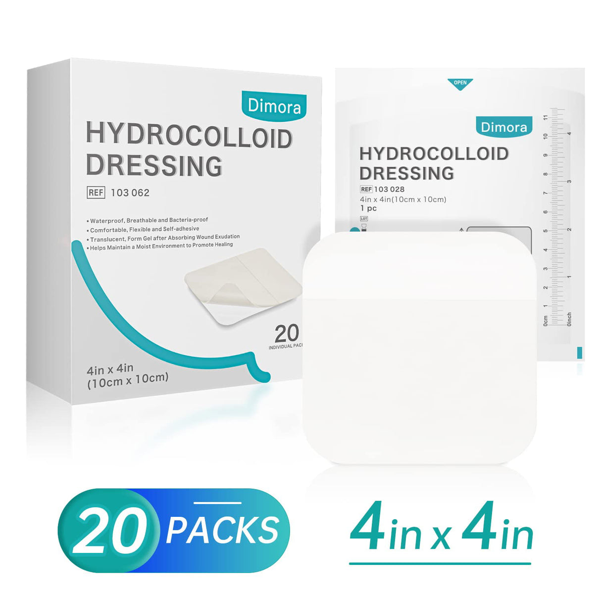 Dimora Hydrocolloid Wound Dressing, 20 Pack Ultra Thin 4" x 4" Large Patch Bandages with Self-Adhesive